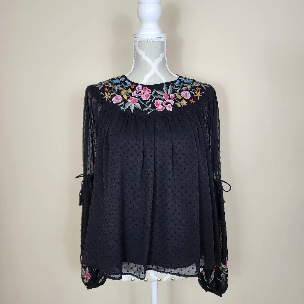 ZARA Trafaluc Black Embroidered Floral Long Sleeve Tassel Chiffon Top Boho XS - Picture 2 of 12
